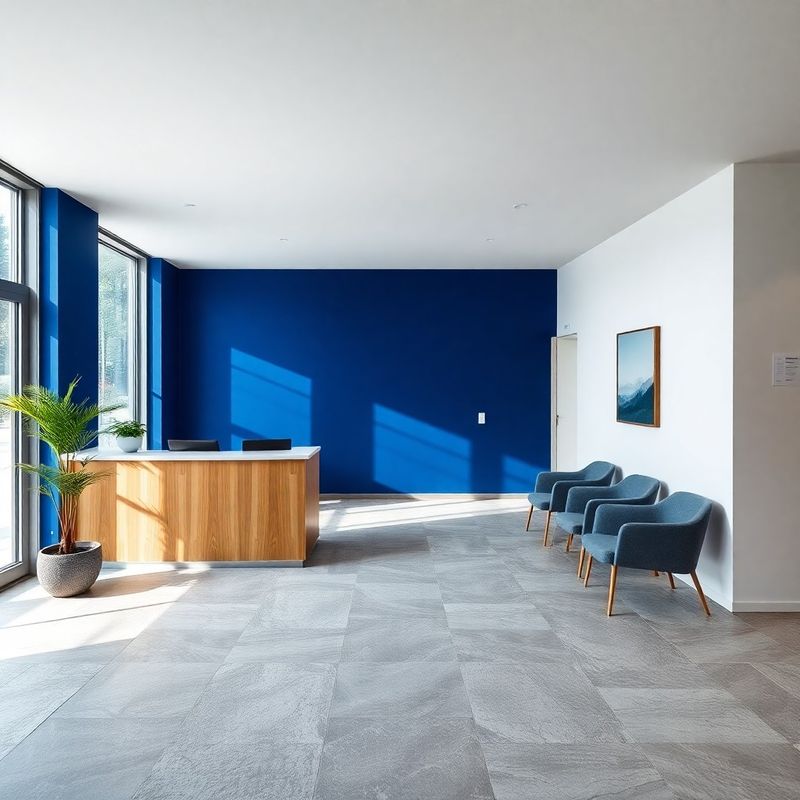 Minimalistična moderna recepcija slovenske svetovalne pisarne z indigo akcentnim zidom